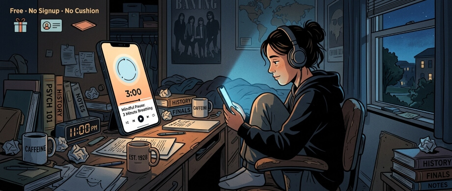 Student in a dark dorm room at 11 PM using a guided breathing app on her phone, surrounded by textbooks, coffee, and finals notes.
