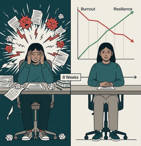 Split illustration of a stressed student transforming into a calm, resilient one over 8 weeks, with a burnout vs resilience graph.