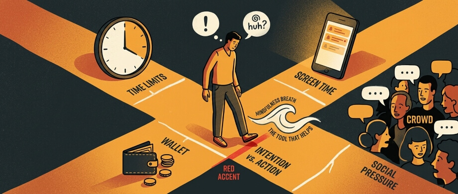 Person at a crossroads facing time limits, spending, screen time, and social pressure, with mindful breathing as the guiding tool.