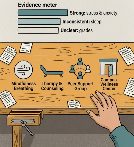 Workbench illustration with mental health tools — mindfulness, therapy, peer support, and wellness centers — alongside an evidence meter rating their effectiveness.