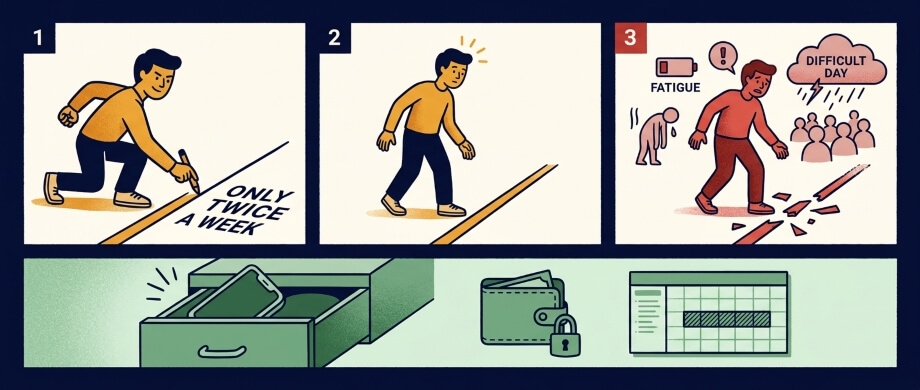 Three-panel sequence: a person draws a boundary line, struggles to maintain it, then breaks down from fatigue — with practical tools shown below.
